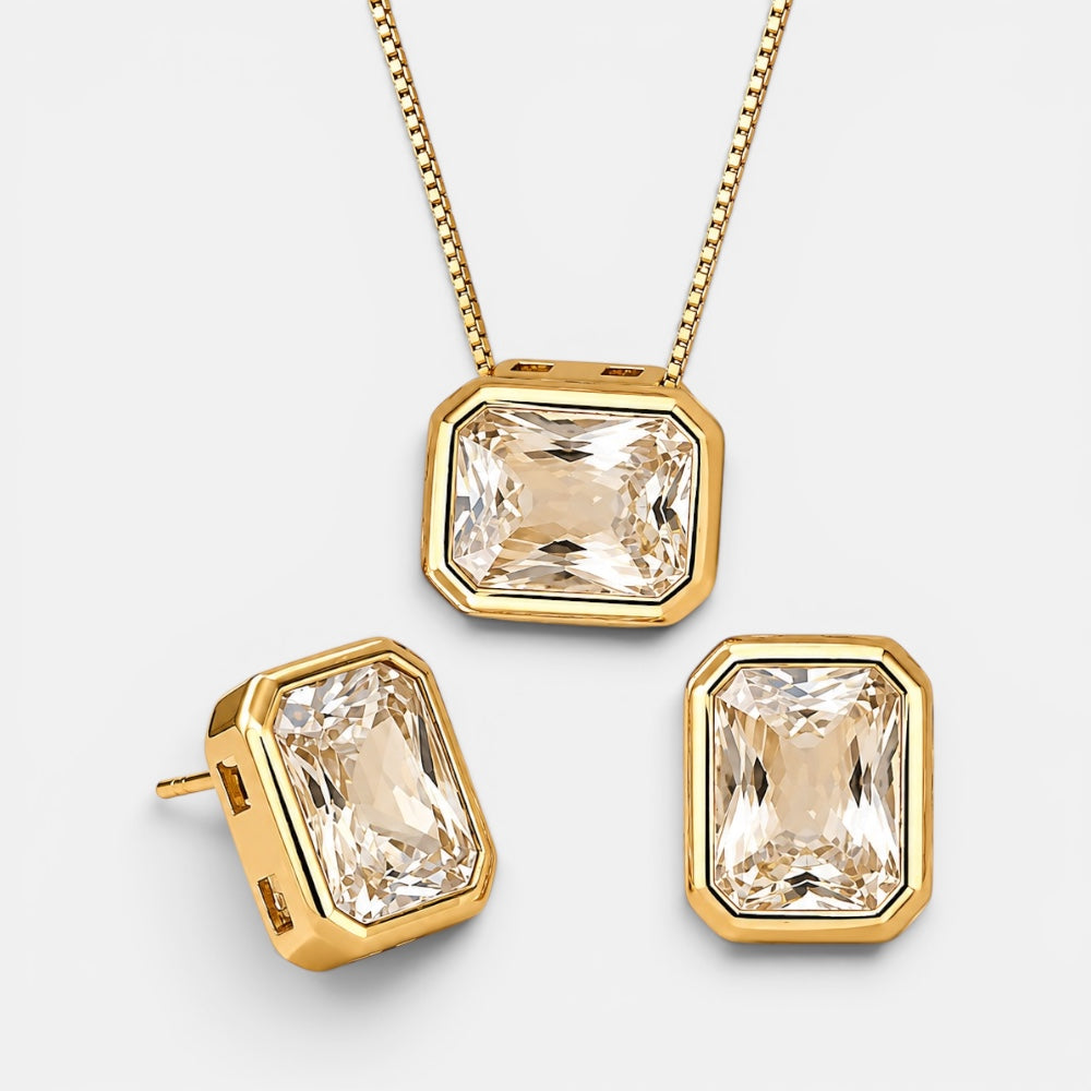Gold Plated Rectangular Zirconia Necklace and Earrings Set [Villa Valentina]