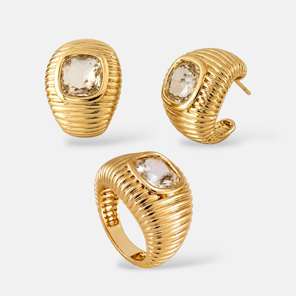 Textured Ring & Earrings Set with Square Crystal [Villa Valentina]