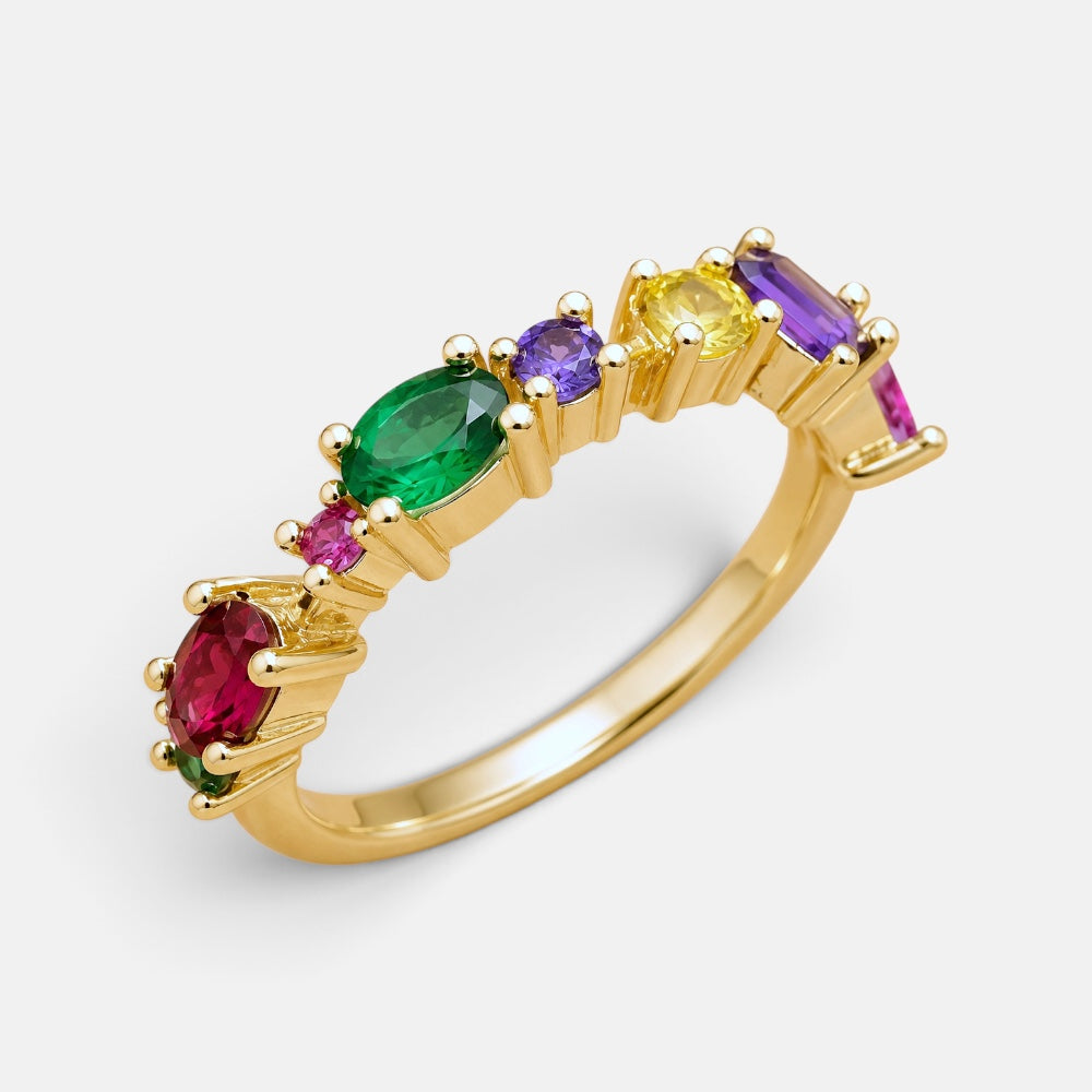 Gold plated rainbow crystal ring with multicolour faceted stones