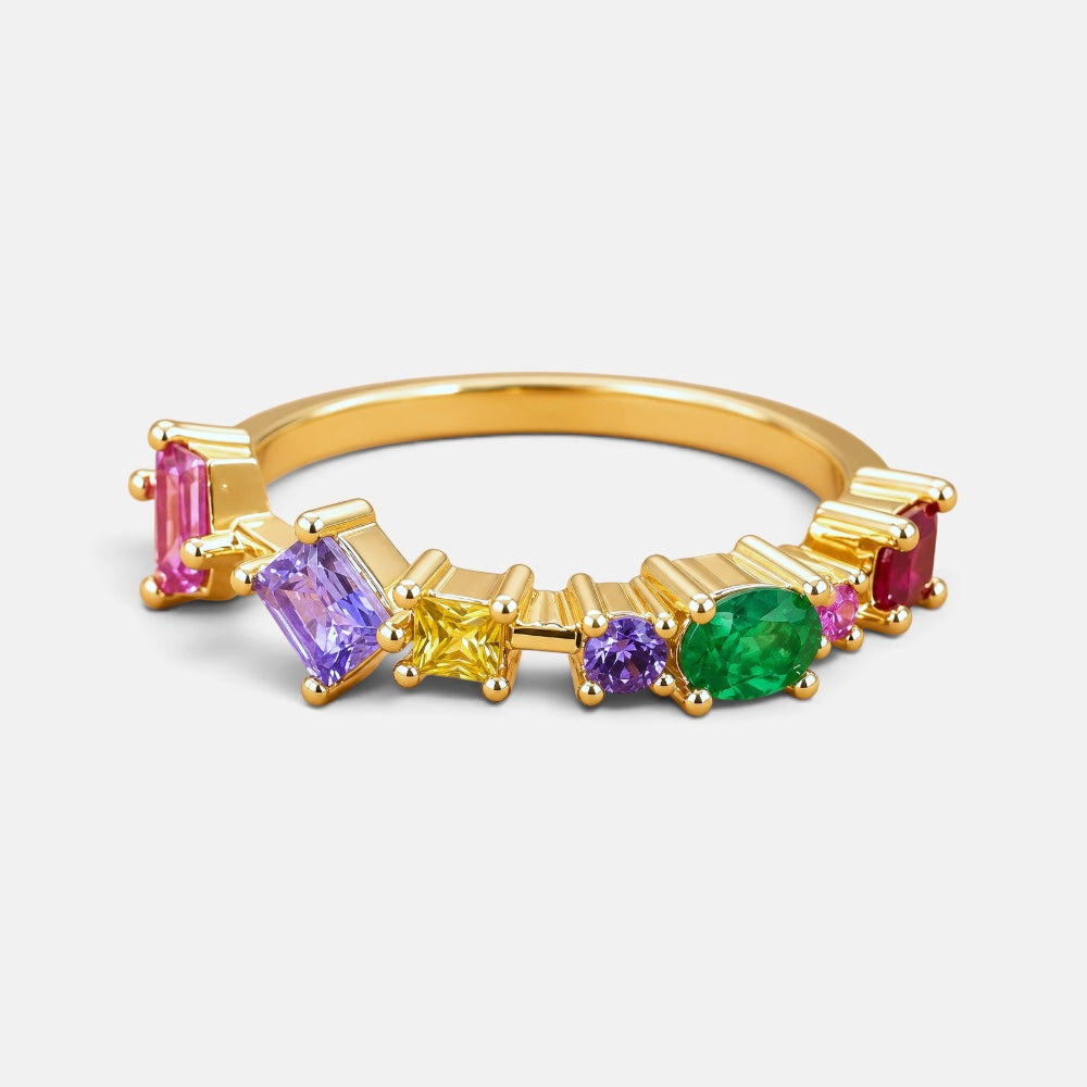 Gold plated rainbow crystal ring with multicolour faceted stones