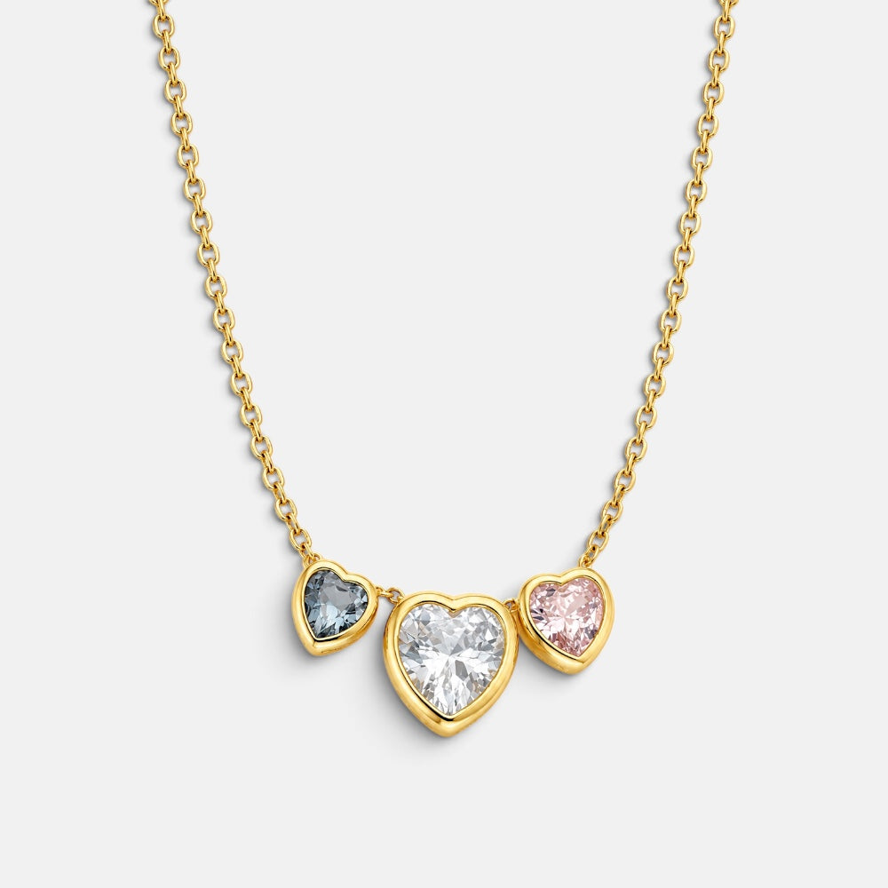 Gold plated three heart necklace with clear and coloured cubic zirconia hearts