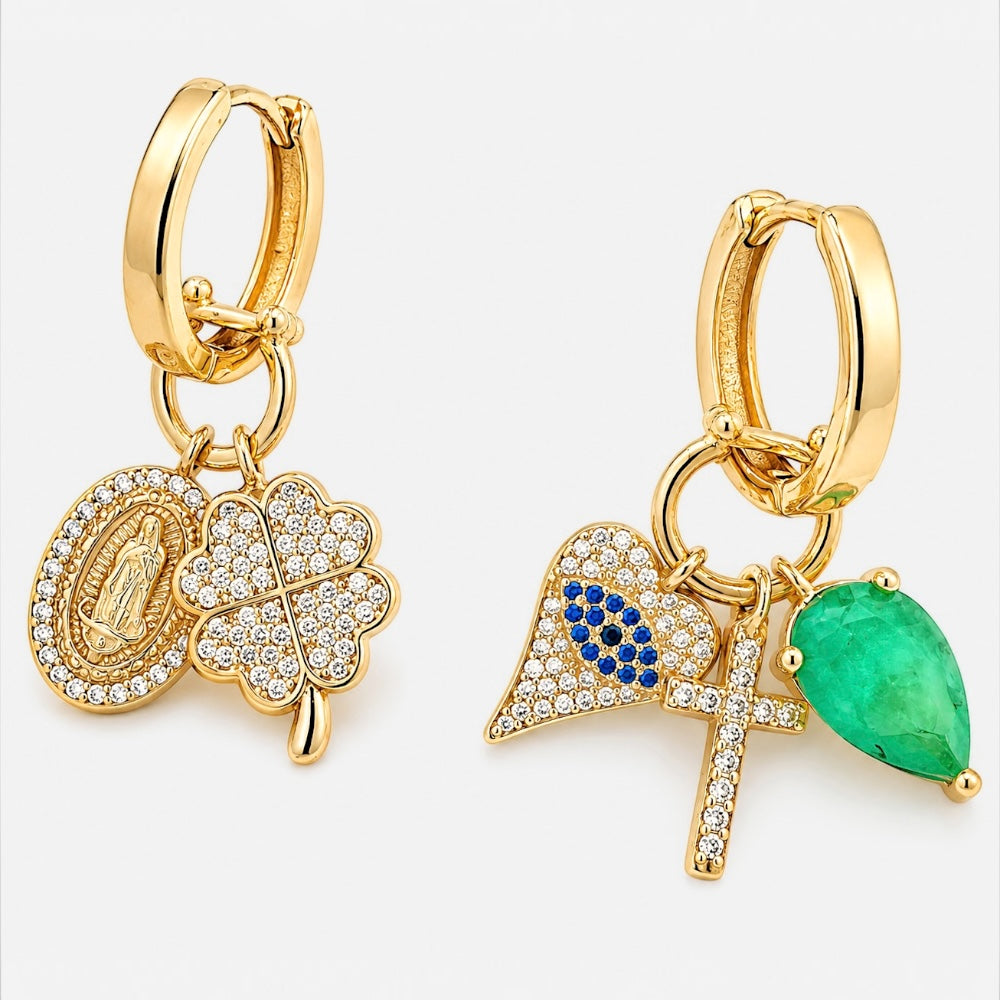 18ct gold plated hoop charm earrings with multiple hanging charms