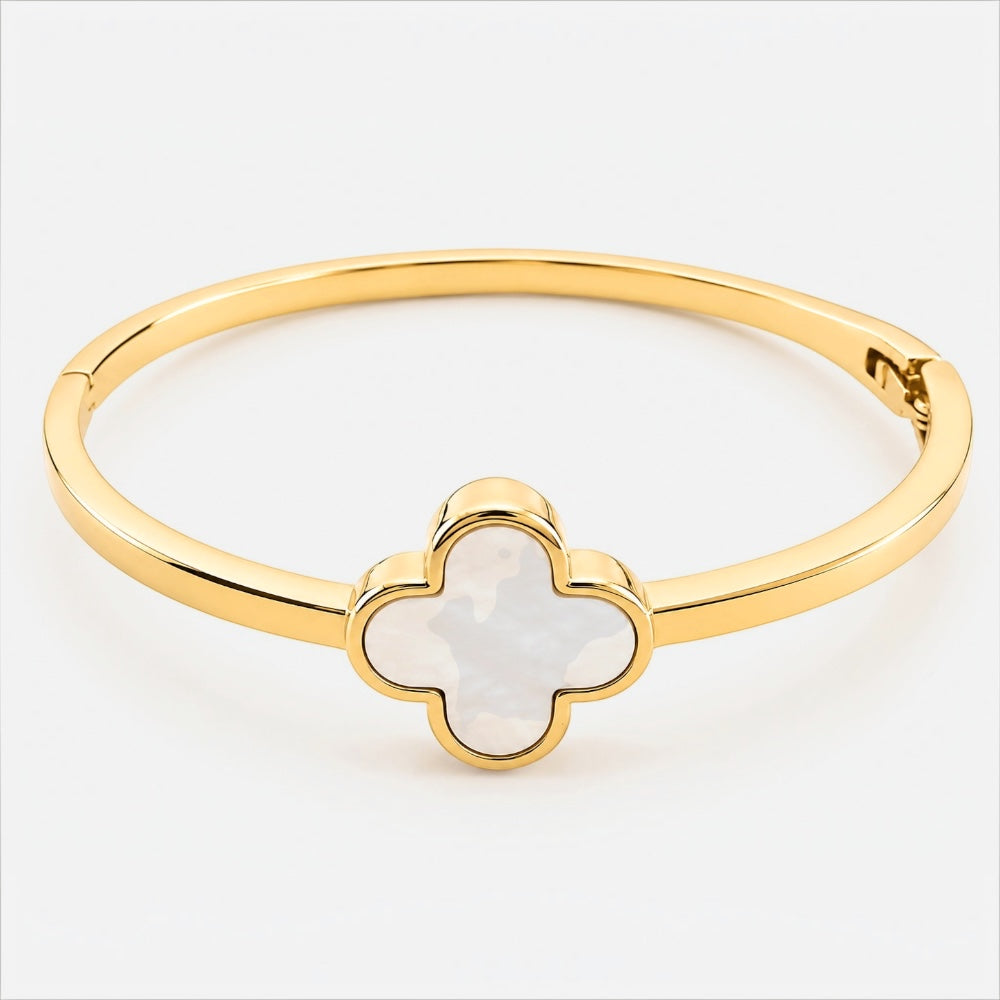 Gold plated mother of pearl clover bangle with white clover motif