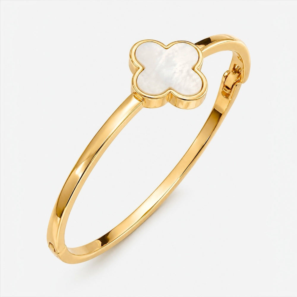 Gold plated mother of pearl clover bangle with white clover motif