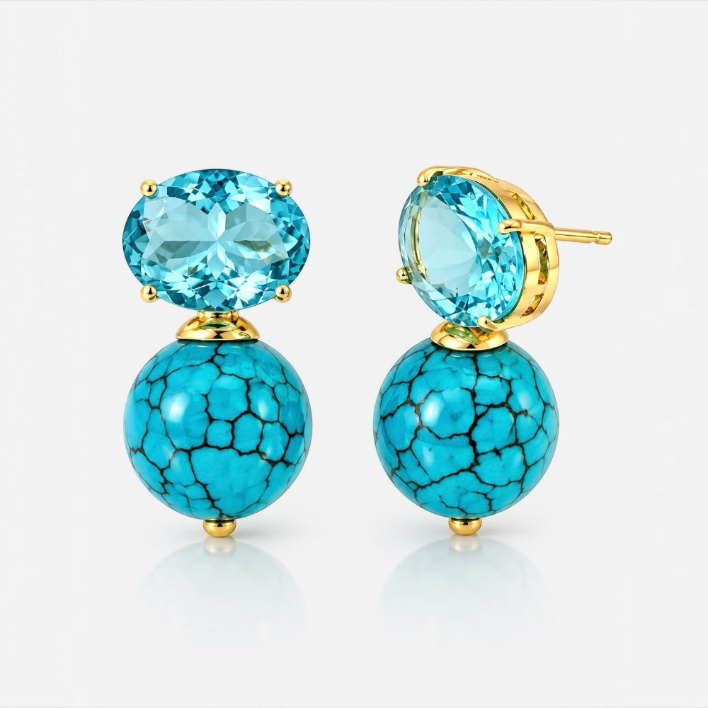 Gold turquoise drop earrings with faceted blue crystal and round turquoise bead