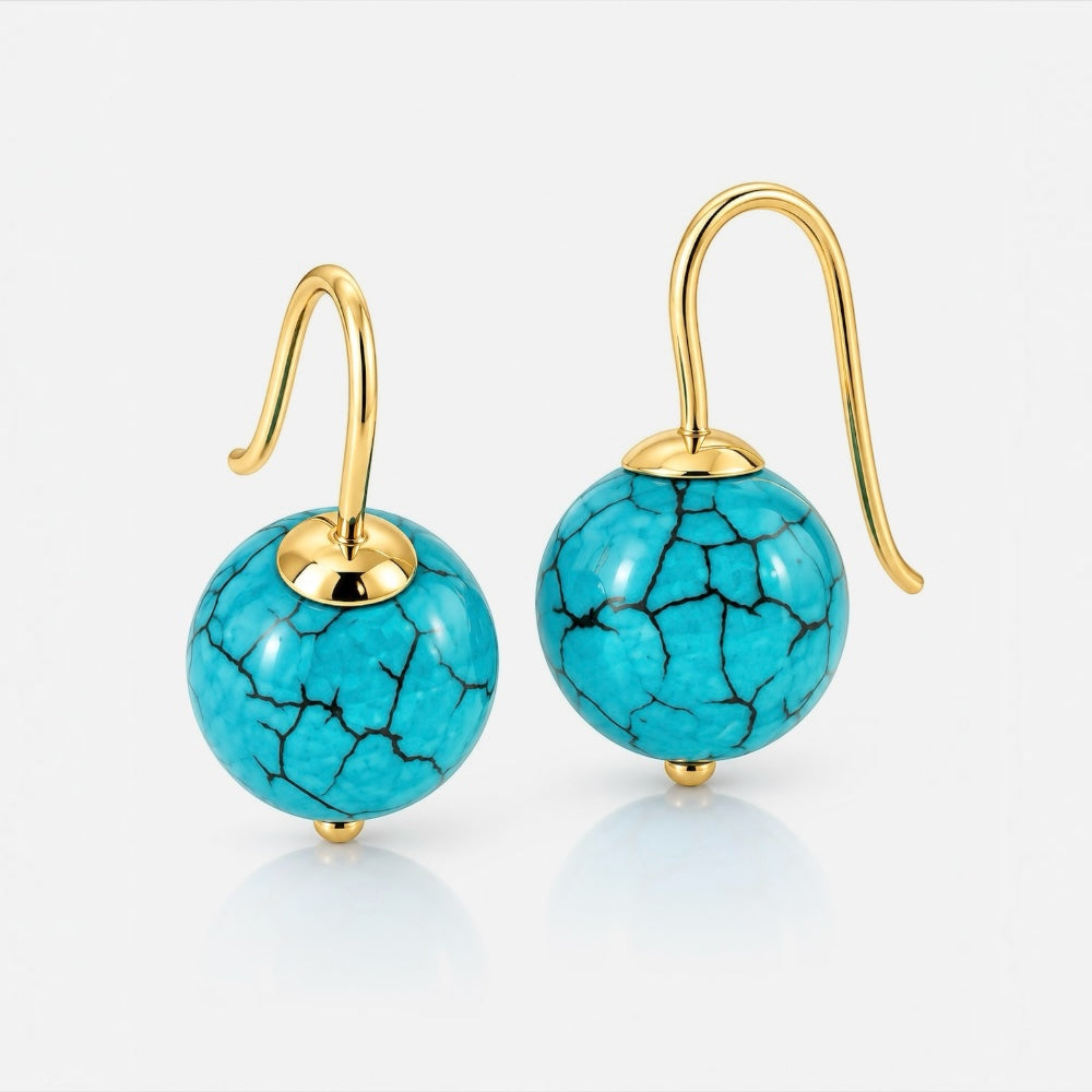 Gold hook earrings with round reconstituted turquoise beads