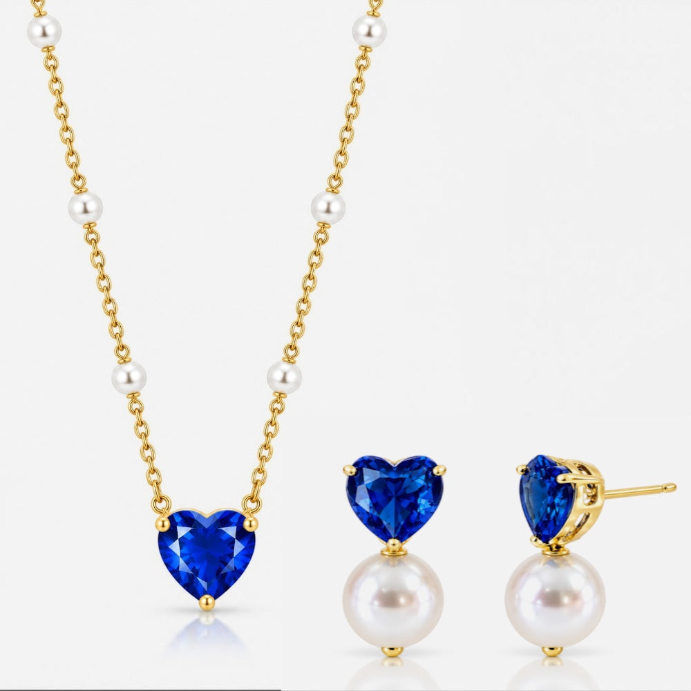 Gold sapphire-blue heart necklace and matching shell pearl earrings set