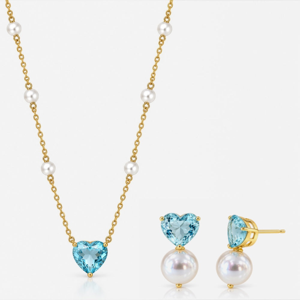 Gold Aquamarine Heart Jewellery Set