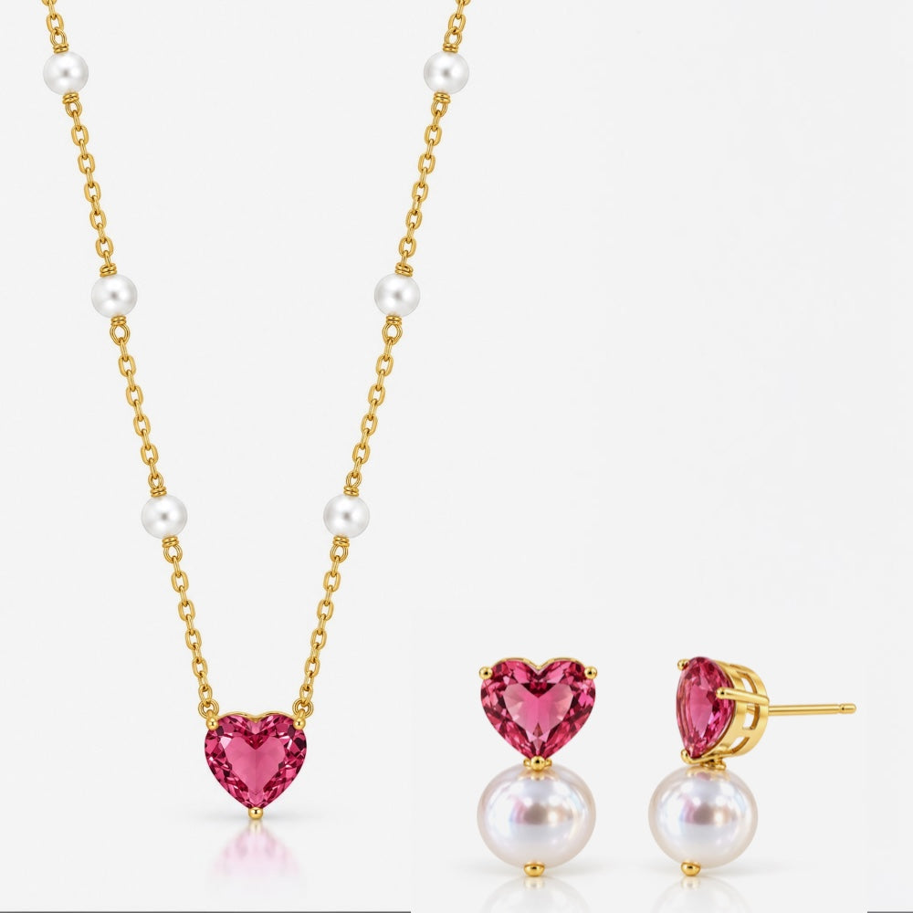 Gold Pink Crystal Heart Jewellery Set
