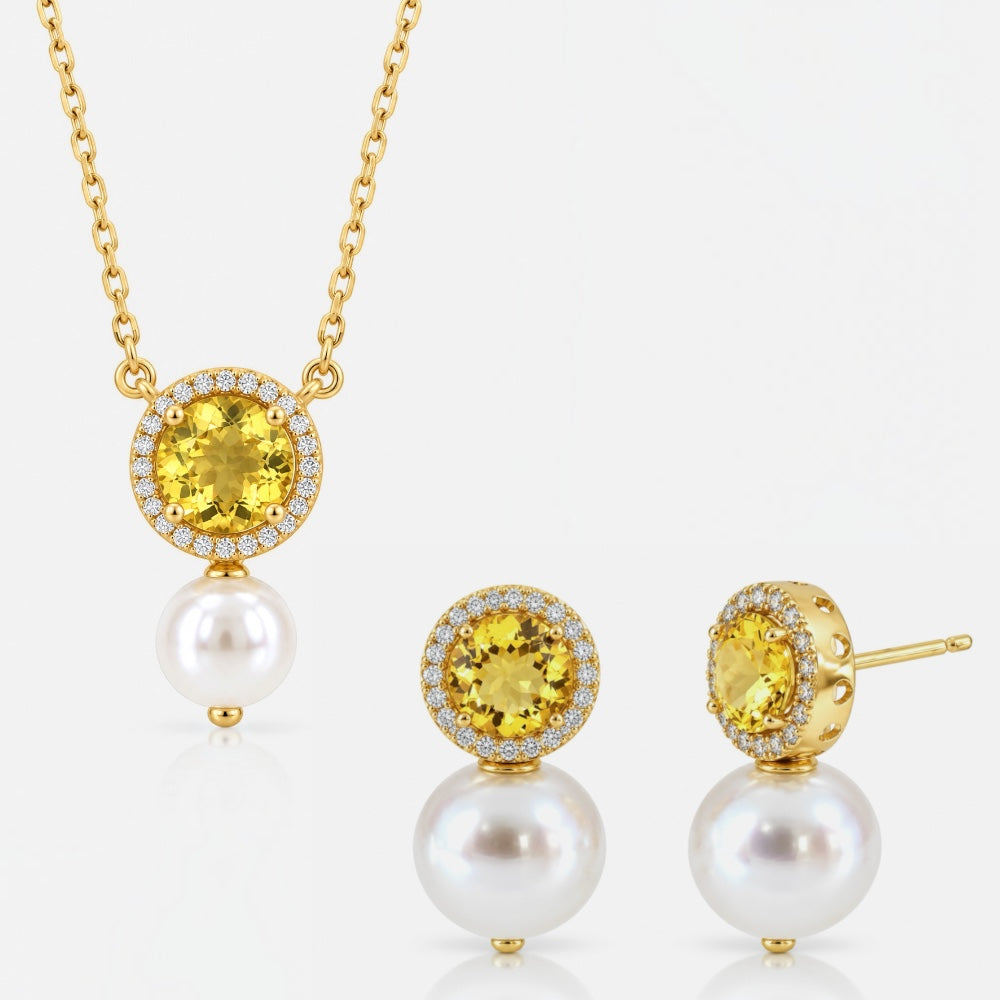 Gold Citrine Crystal and Pearl Jewellery Set