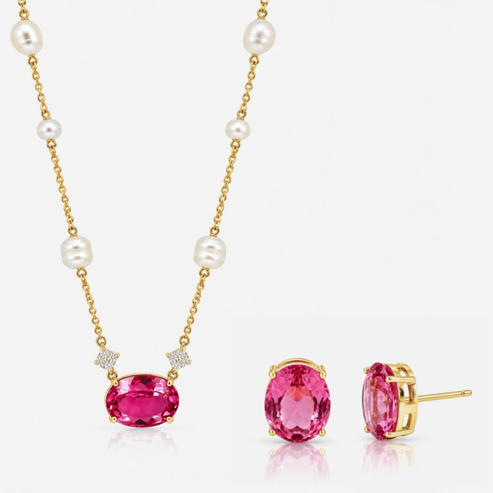 Gold Oval Pink Crystal and Freshwater Pearl Set