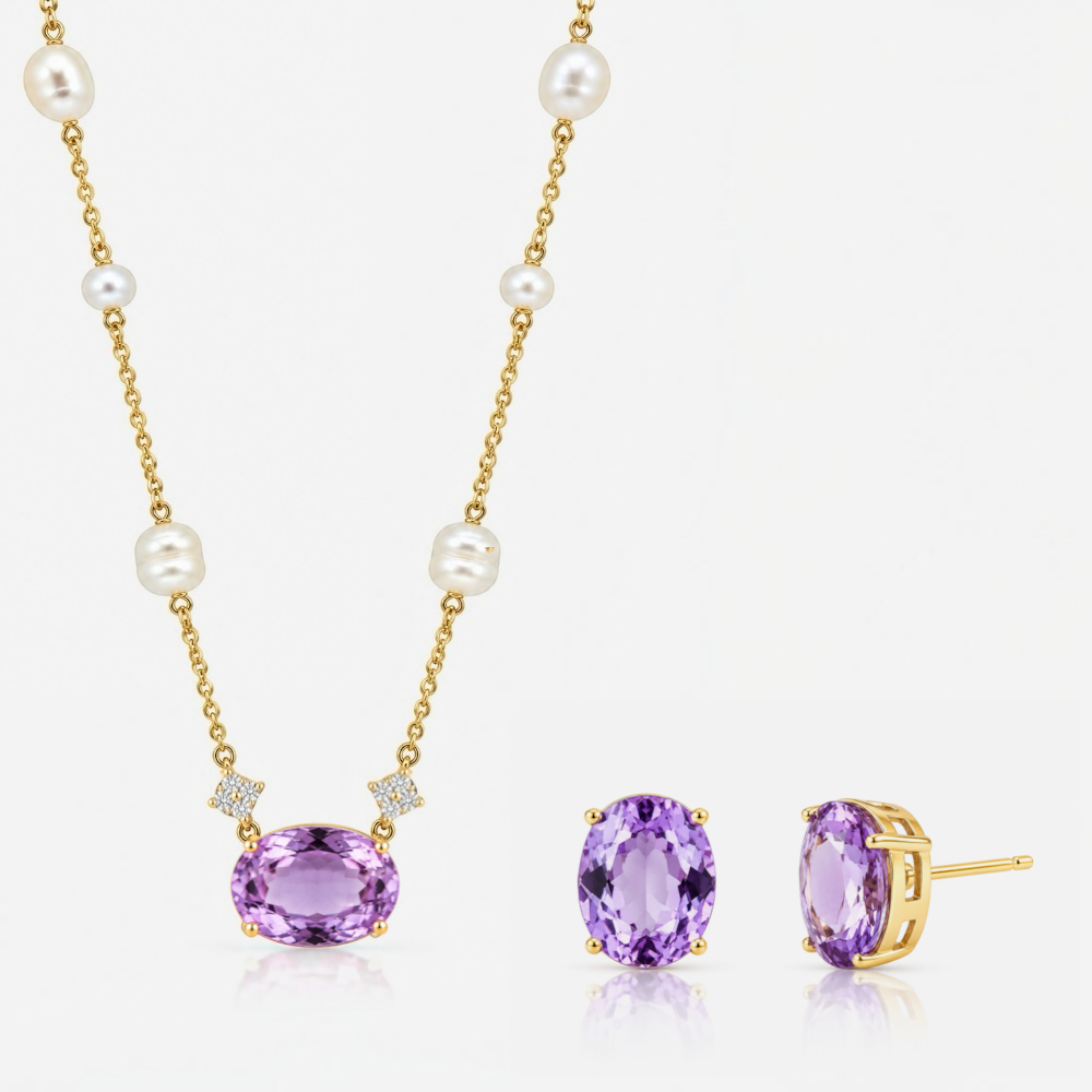 Gold Oval Amethyst Crystal and Freshwater Pearl Set
