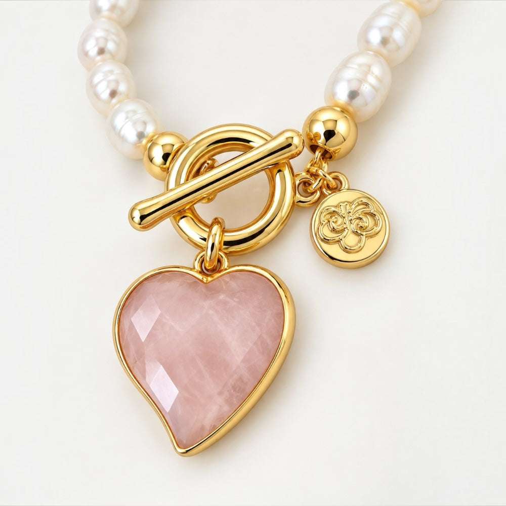 Rose Quartz Heart and Freshwater Pearl Bracelet