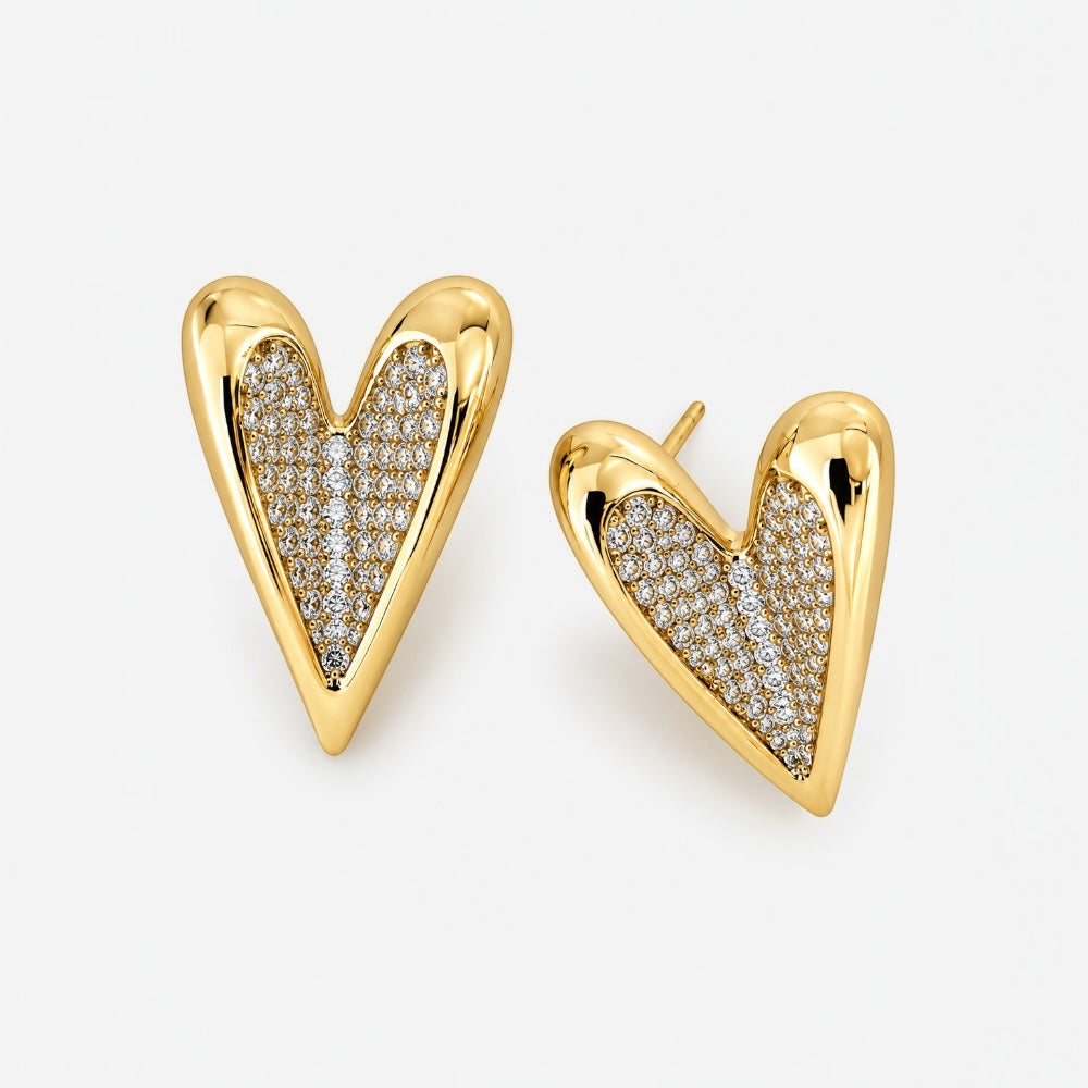 Gold heart stud earrings with pavé-set cubic zirconia and a polished gold finish