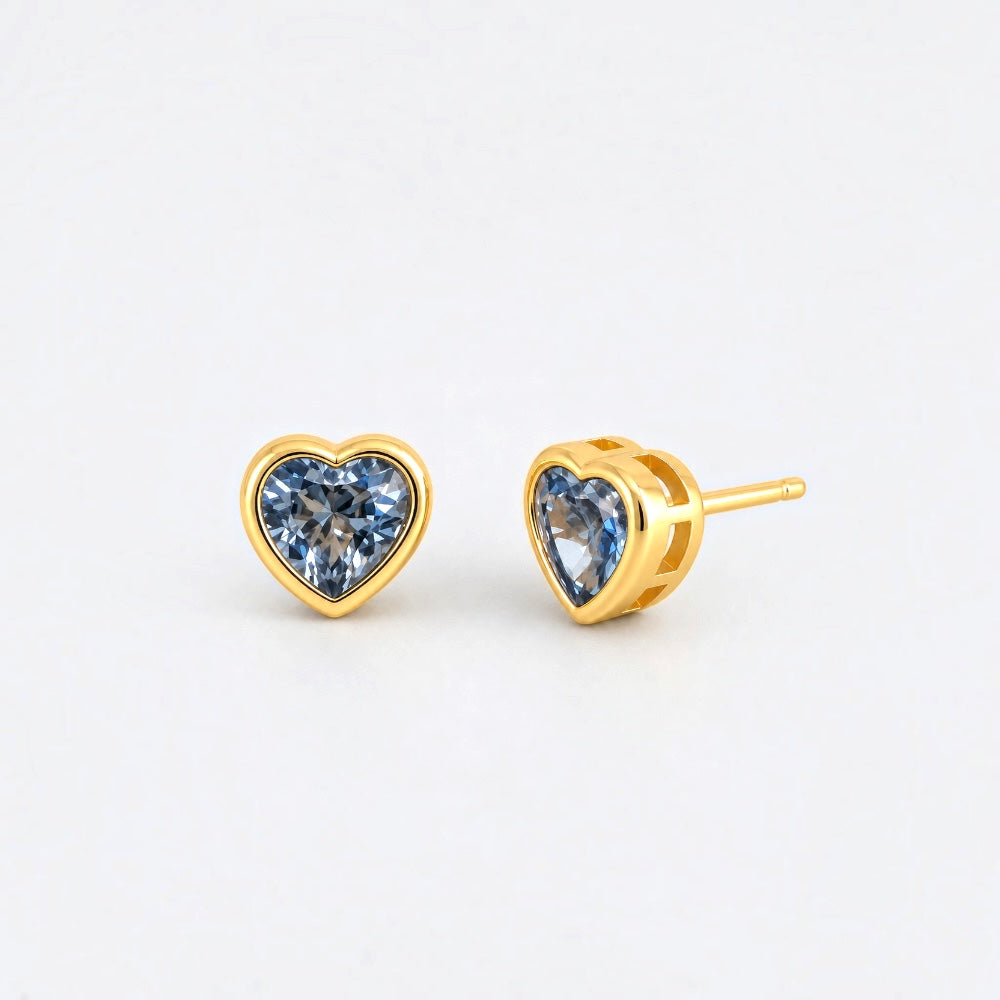 Gold Blue Heart Stud Earrings