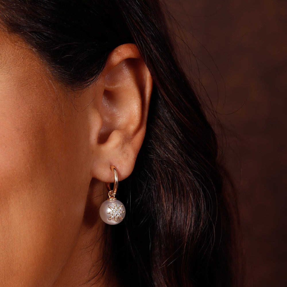 Gold Plated Pearl Drop Huggie Earrings [Villa Valentina]