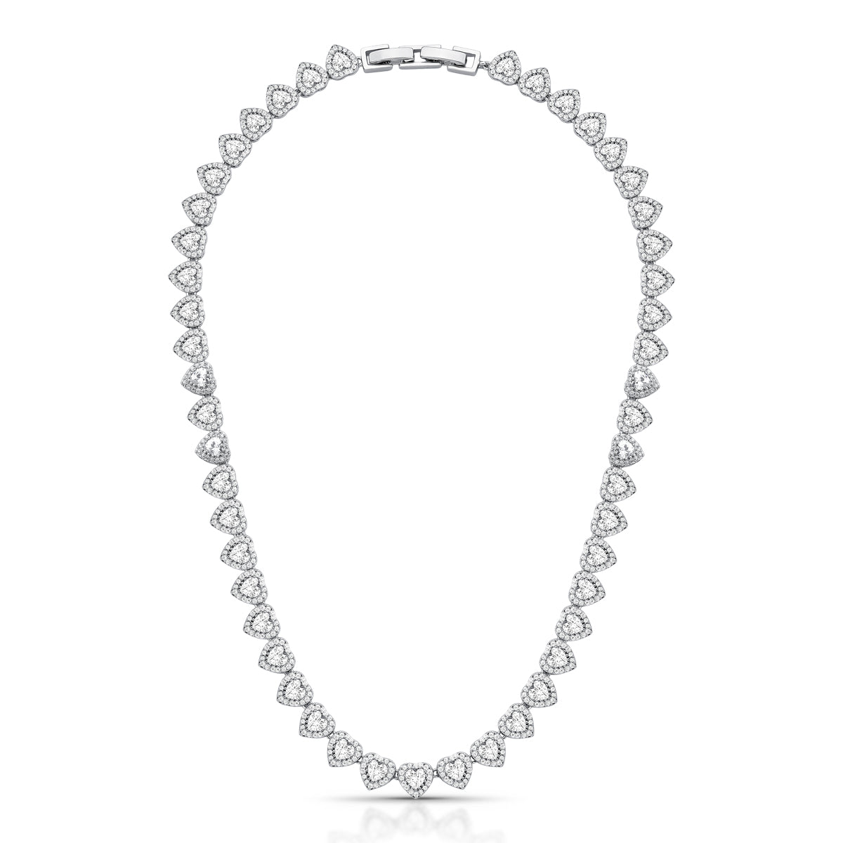 Silver-plated heart tennis necklace with clear cubic zirconia pavé heart motifs
