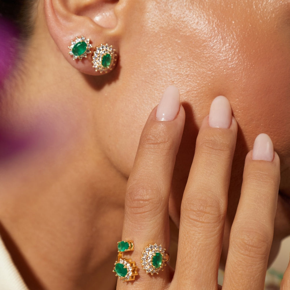 Emerald stud earrings with emerald green crystal and cubic zirconia