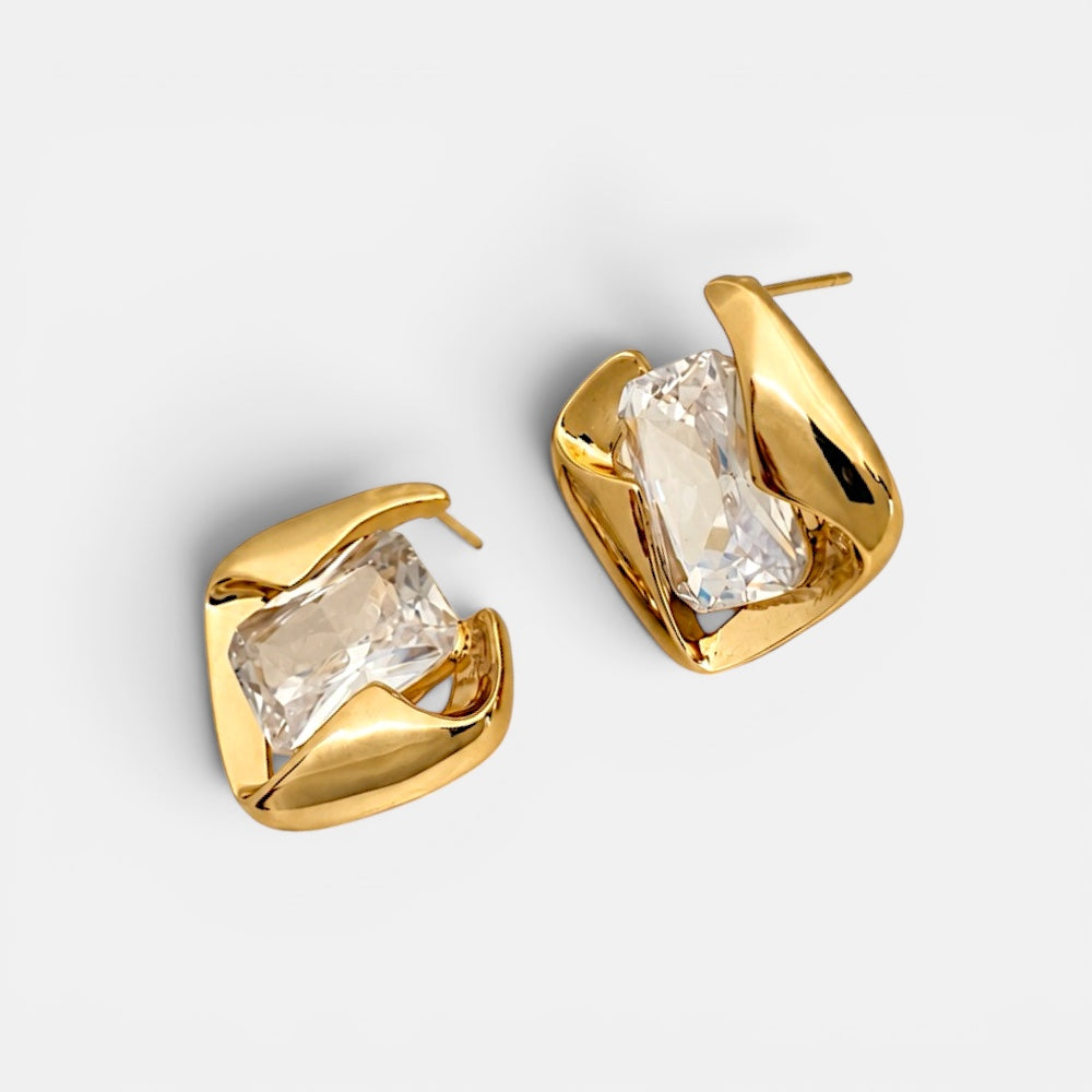 Gold hoop earrings with clear gemstones 