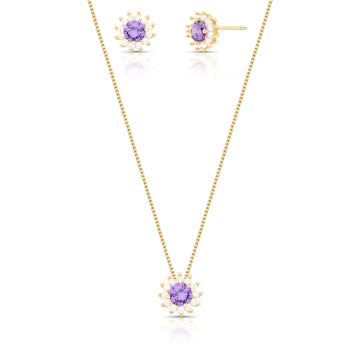 18ct gold-plated brass matching necklace and stud earrings with amethyst-coloured zirconia and clear floral halo stones