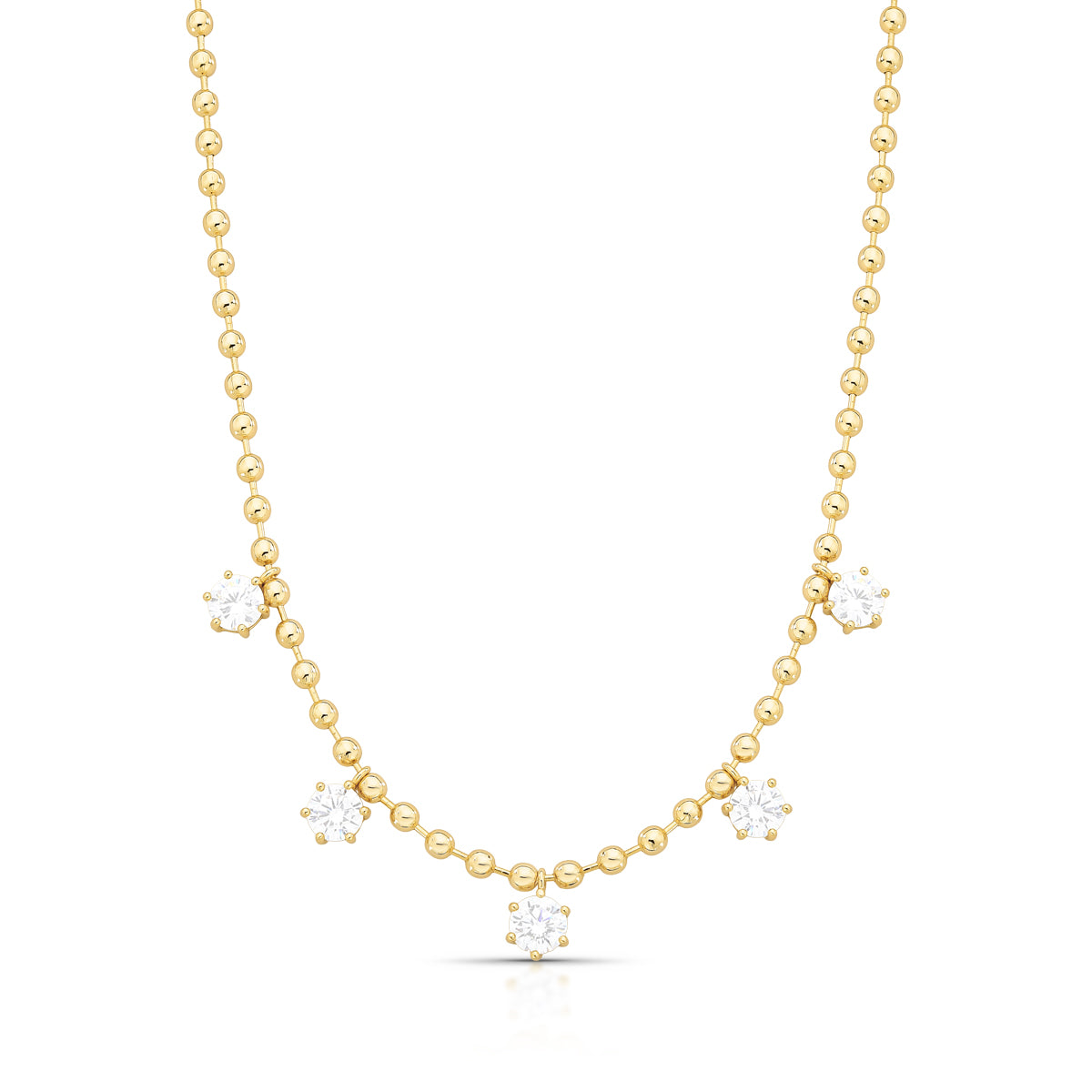 18ct gold-plated brass beaded necklace with five dangling round clear cubic zirconia stones
