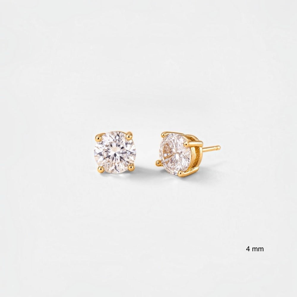 4 mm clear cubic zirconia stud earrings with gold-plated four-claw settings