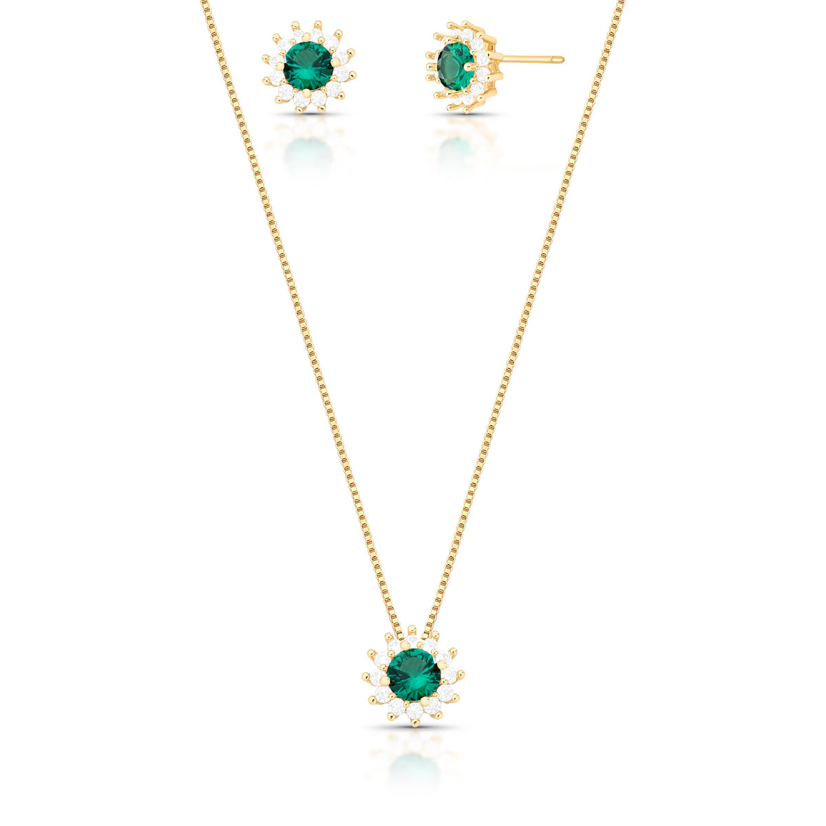 18ct gold-plated brass necklace and stud earrings set with emerald-coloured cubic zirconia centres and clear halo stones