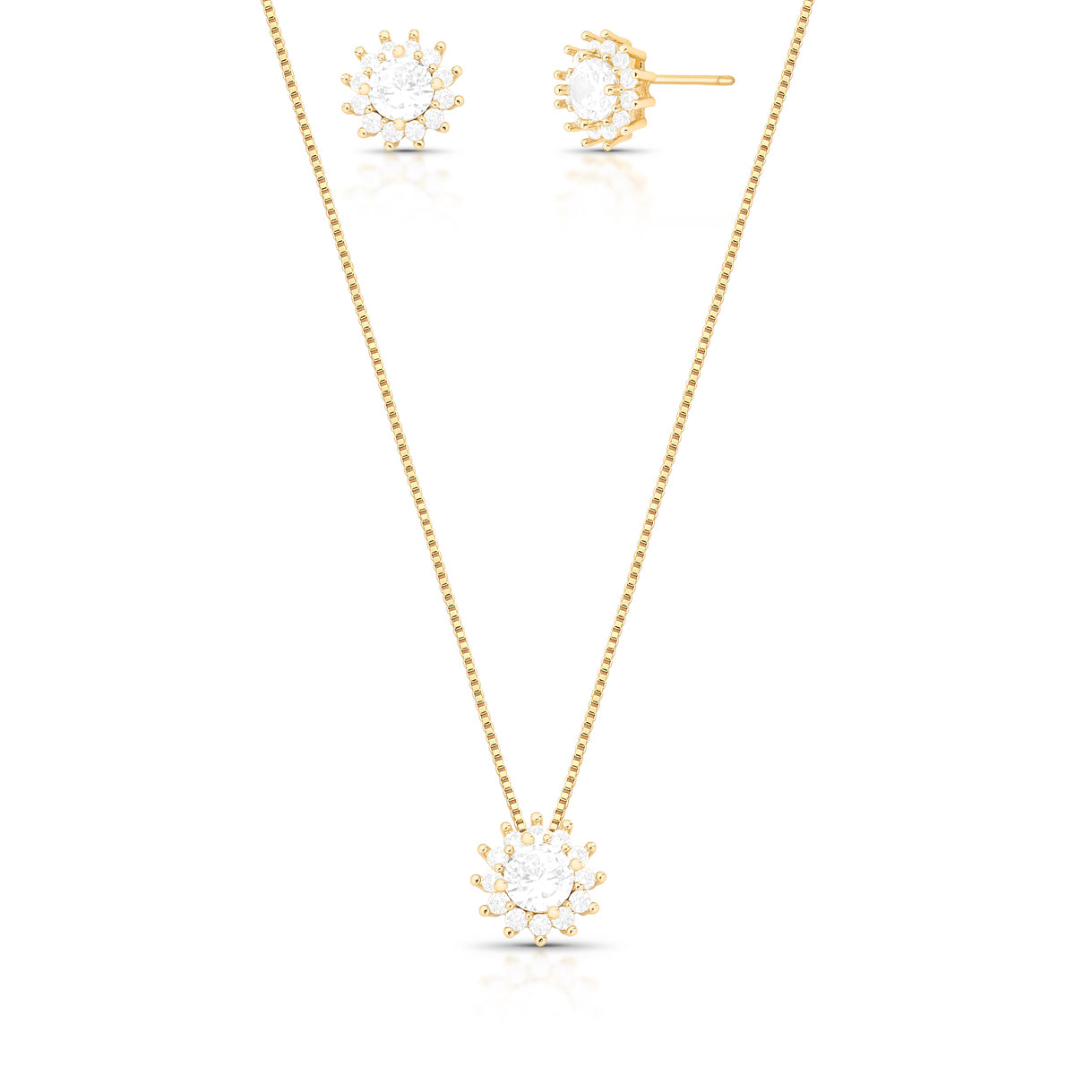 Gold-tone brass floral halo jewellery set with round cubic zirconia pendant necklace and matching stud earrings