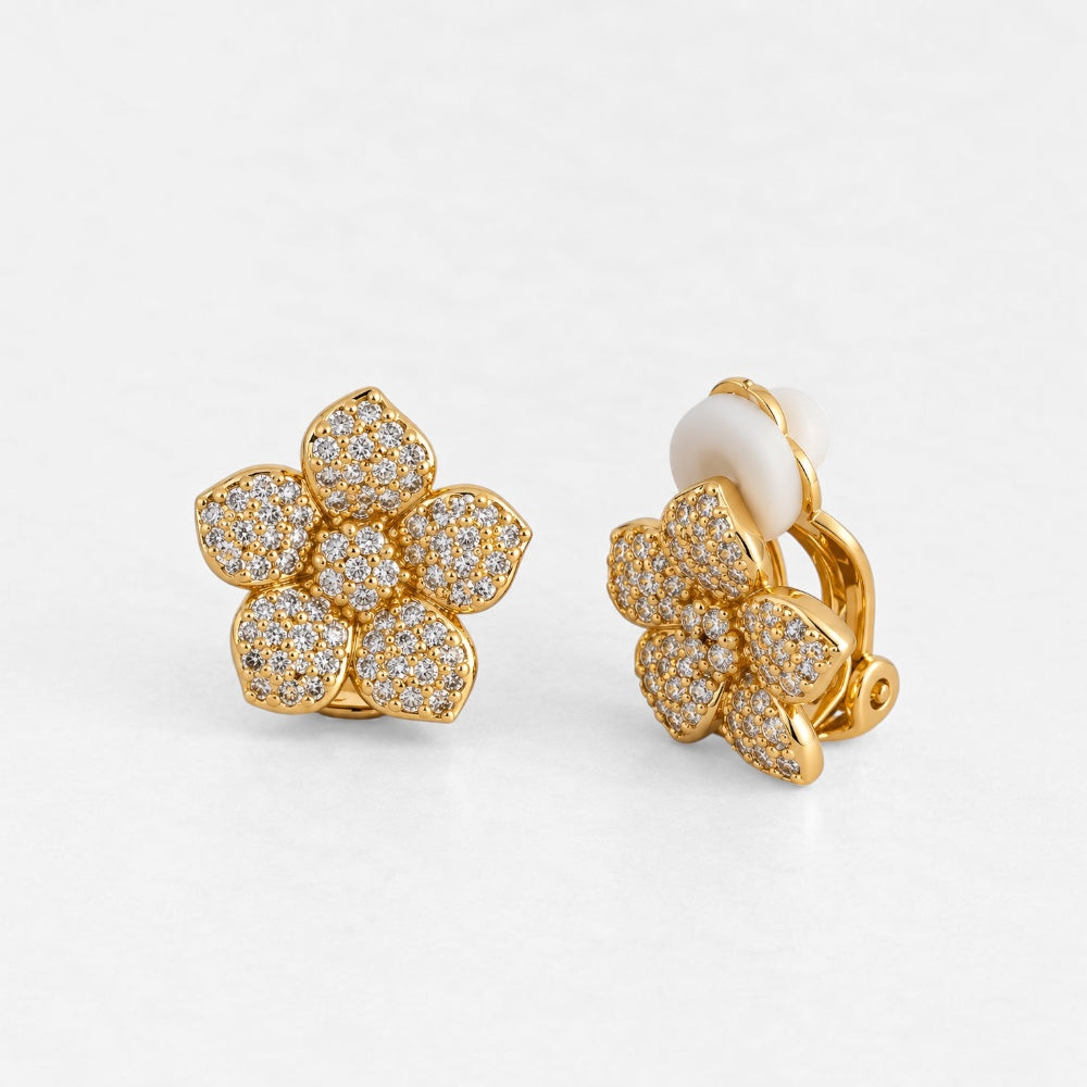 Gold-plated flower clip-on earrings with five sparkling petals and cushioned clip fastenings
