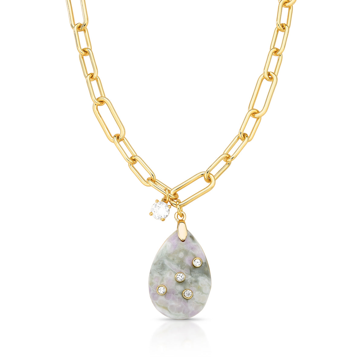 Natural green agate teardrop pendant with sparkling accents on gold-plated paperclip chain necklace