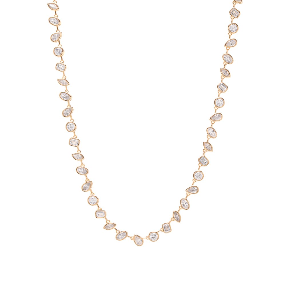 45 cm gold-plated brass Riviera tennis necklace with round, pear, marquise and rectangular clear cubic zirconia in bezel settings