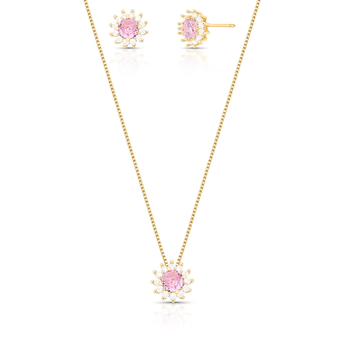 18ct gold-plated brass necklace and stud earrings set with pink round cubic zirconia and clear floral halo stones