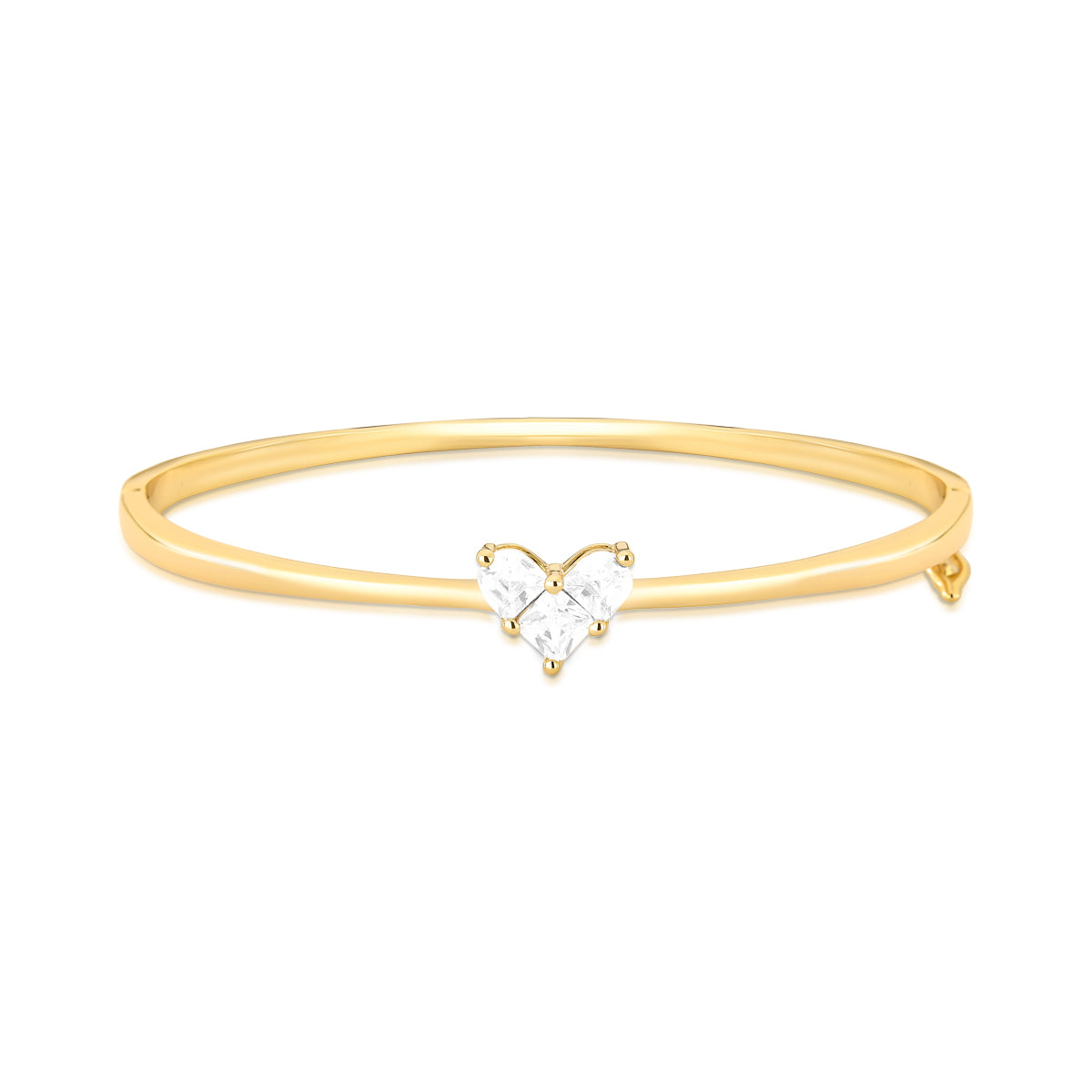 Medium gold-plated brass bangle with three clear cubic zirconia stones forming a central heart