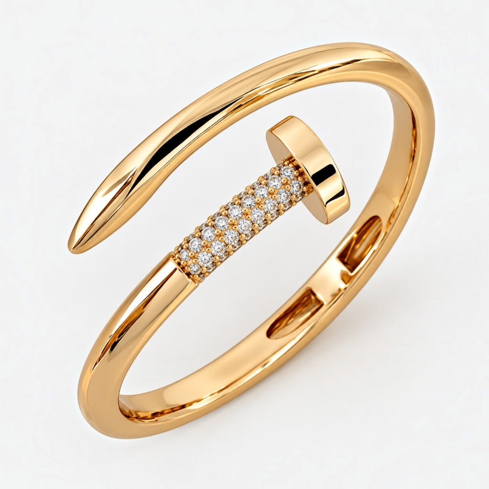 18ct gold-plated brass nail-inspired open bangle with polished curved ends and clear cubic zirconia pavé detail