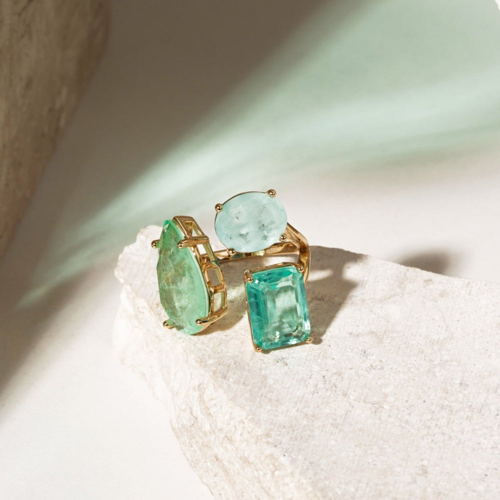 18ct gold-plated brass statement ring with green Tourmaline Fusion oval, pear and rectangular stones