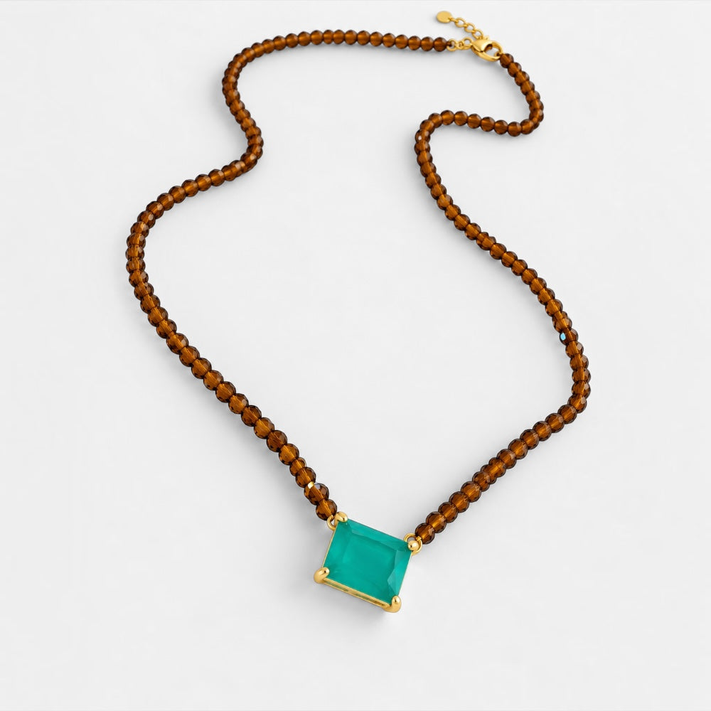 Jade beaded necklace with rectangular green tourmaline-coloured zirconia pendant in 18ct gold-plated setting